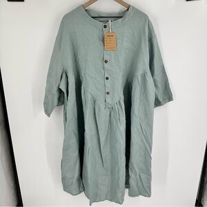 Linen Life Shirt Dress Woman Oversized Lagenlook Short Sleeve Midi Blue 3X* NEW